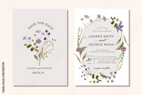 wedding invitation save the date card with purple wildflower watercolor