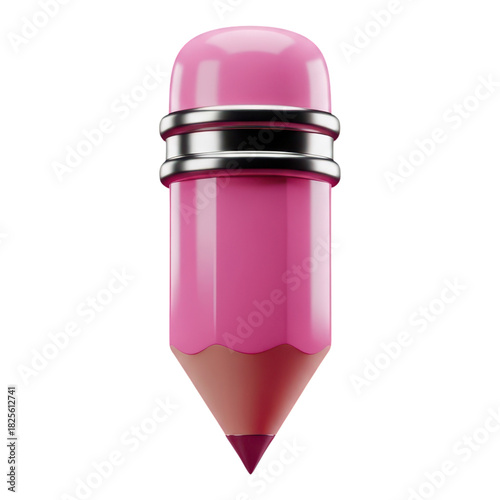 Cute pink pencil icon with metal ferrule isolated on transparent background