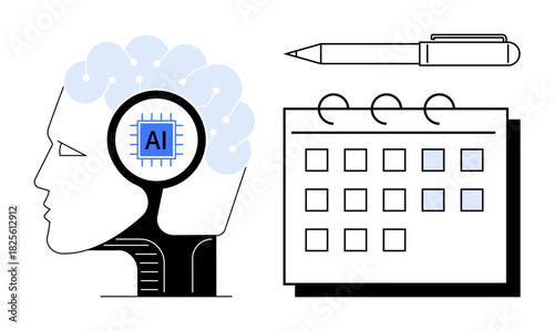 Human brain with AI chip, spiral calendar with highlighted dates, and pen. Ideal for AI creativity, planning, technology, scheduling, automation organization innovation. Simple flat metaphor