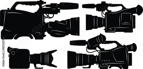 A collection of professional video and broadcast camera silhouettes in various side views, representing filming, production, media, news, technology, and cinema equipment concept.