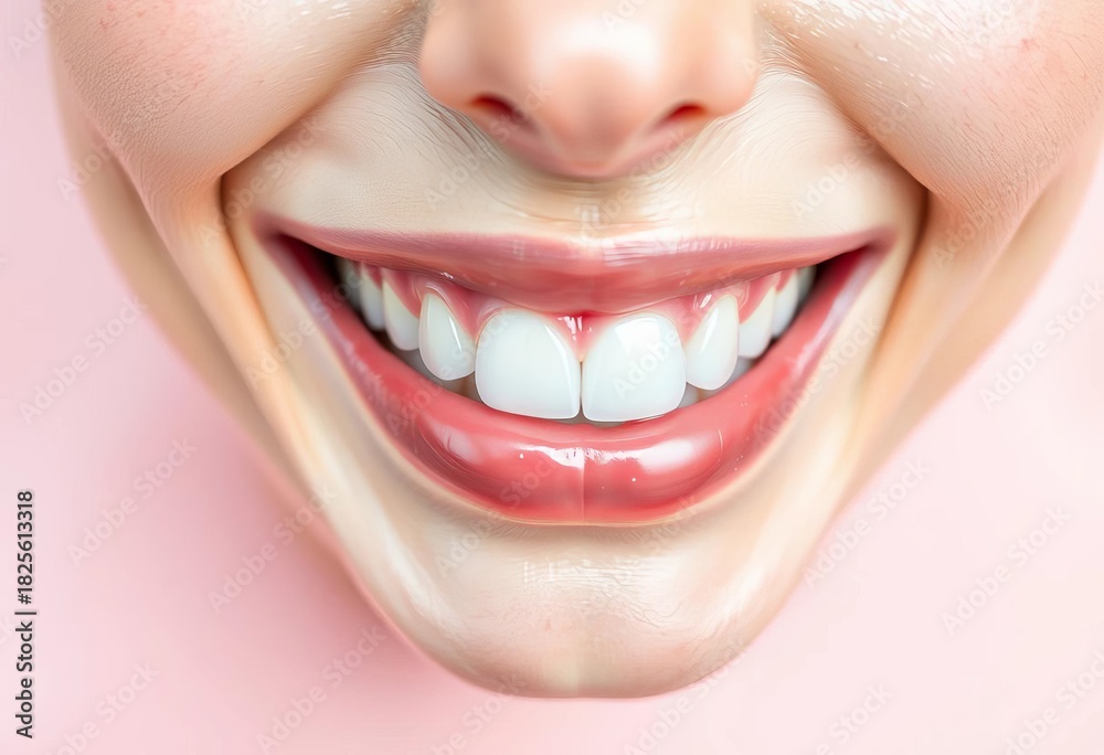 Obraz premium Close-up of gleaming, healthy teeth on a soft, pastel background, blue, dental aesthetics