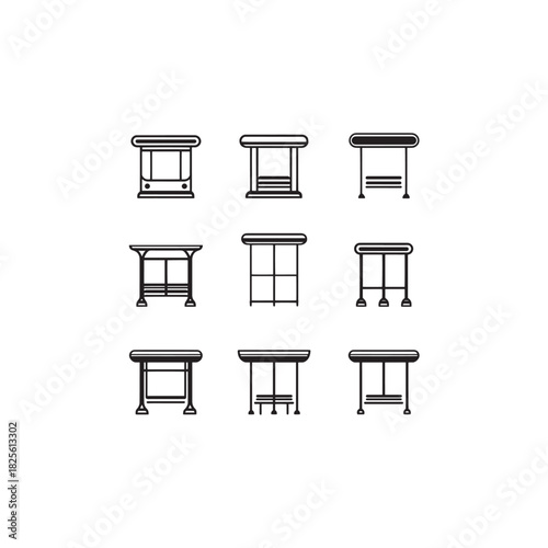 Bus stop line art waiting passengers under shelter