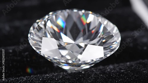 Brilliant Round Cut Diamond Sparkles on Black Surface A CloseUp View of Facets and Light Dispersion Ideal for Jewelry and Luxury Concepts.