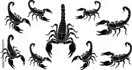Set of dangerous black scorpion silhouettes and vector icons in various attacking poses, representing venom, desert wildlife, predator, danger, insect, and aggressive animal concept.