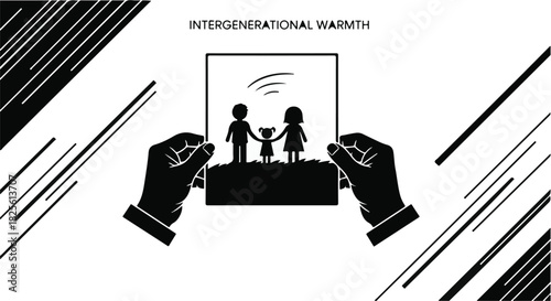 Hands hold a framed scene of a family with a dog, symbolizing warmth and connection across generations.