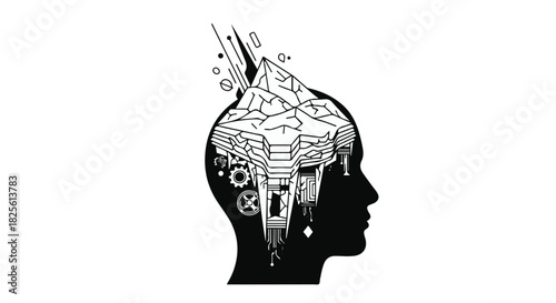Abstract illustration of a human head silhouette filled with intricate gears and mountainous landscape.