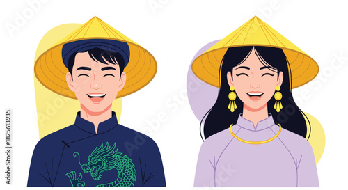 Smiling man and woman wearing traditional Vietnamese conical hats and clothing, joyfully representing their rich cultural heritage.