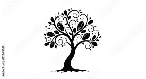 Elegant black silhouette of a stylized tree with swirling branches and leaves on a white background