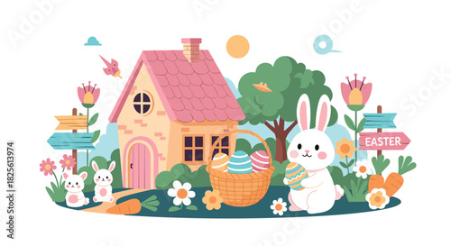 An adorable illustration of an Easter landscape with a sweet house, playful bunnies, a basket of eggs, and blooming spring flowers.