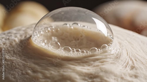 Captivating CloseUp of Dough Fermentation A Visual Journey into the Art of Baking Revealing Bubbles and Textures in a Culinary Masterpiece Perfect for Food Enthusiasts and Baking Professionals.