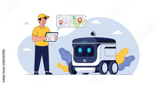 Delivery person managing an autonomous delivery robot with a tablet, showing a navigation map for last-mile logistics.