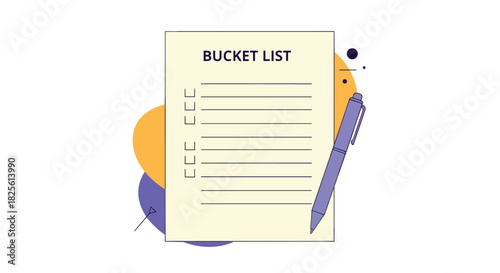 A flat vector illustration showing a bucket list on a piece of paper with checkboxes and lines for goal setting, accompanied by a purple pen.