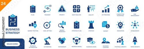Business strategy icon. Includes swot analysis, strategic plan, roadmap, market research, business vision. Solid vector icon set.