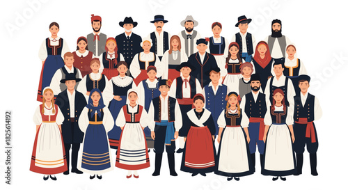 A vibrant and diverse group of European men and women proudly display their distinct, colorful traditional folk costumes, celebrating rich cultural heritage.