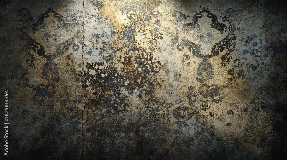 Obraz premium Aged and distressed damask wallpaper with a grunge texture and spotlight effect, evoking a sense of history and decay