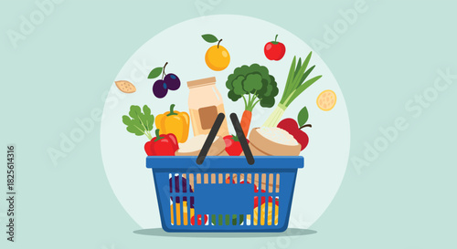 A vibrant assortment of fresh fruits, vegetables, and groceries overflowing from a blue shopping basket, symbolizing healthy eating and abundant produce.