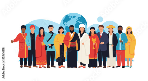 Diverse group of people from various cultures and religions standing united globally, symbolizing peace and coexistence.
