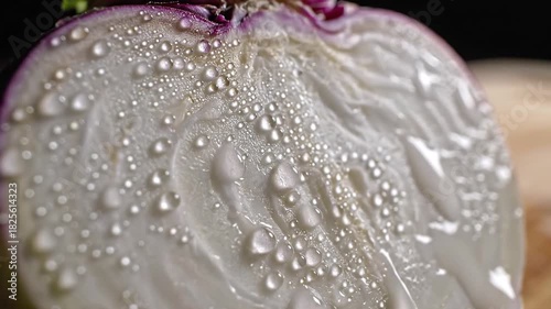 CloseUp of a Freshly Cut Turnip with Water Droplets A Macro View of a Healthy and Hydrated Root Vegetable Perfect for Culinary and Nutritional Visuals.