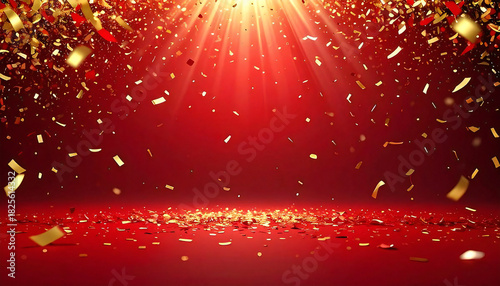 金の紙吹雪。光。背景赤。遠近感。立体感。Gold confetti. Light. Red background. Perspective. Three-dimensional effect.