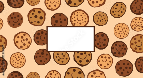 Cheerful pattern of cartoon chocolate chip cookies with smiling faces on a light brown background, featuring a central blank white rectangle for text.