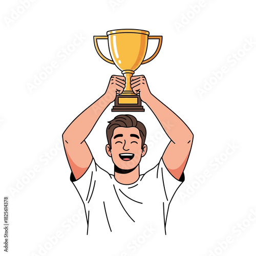 Triumphant Man Holding Golden Trophy Above Head in Celebration.