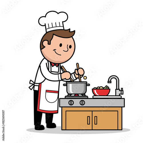 Cartoon Chef Cooking Delicious Food in Kitchen.