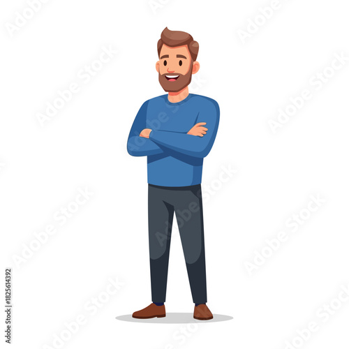 Smiling man with crossed arms in casual blue shirt and pants.