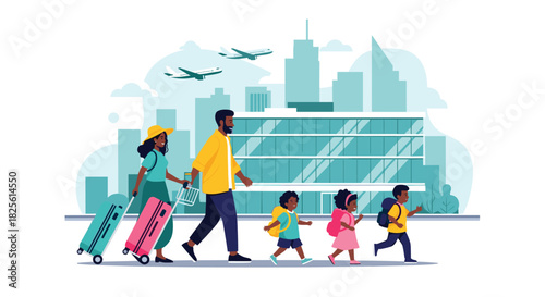 Happy African American family with parents and three children walking towards a modern airport for their summer vacation.