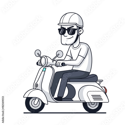 Cool cartoon man with sunglasses riding a classic scooter illustration.