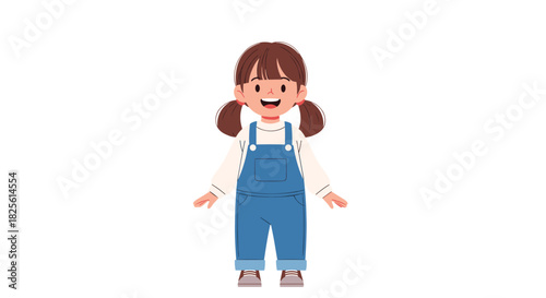 A cheerful cartoon girl with pigtails wearing blue denim overalls smiles brightly, standing on a white background, perfect for children's designs or educational content.