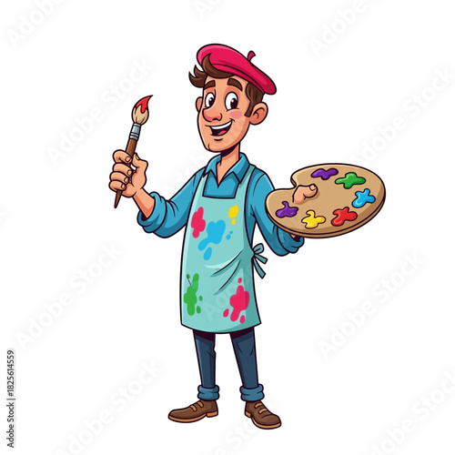 Cartoon artist holding a paintbrush and palette.