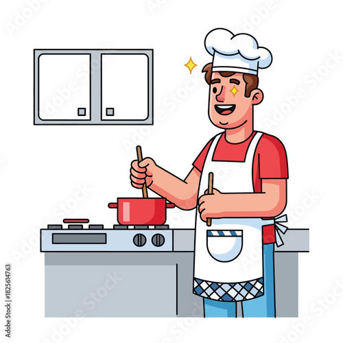 Happy male chef cooking in the kitchen with a pot and spoon.