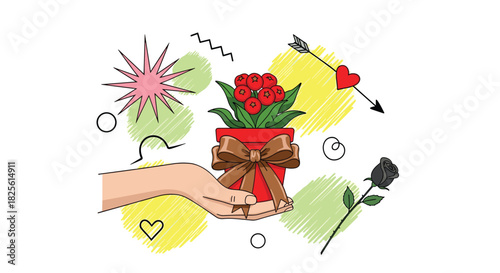 A hand holds a charming potted red flower plant with a brown bow, surrounded by playful scribbles, a romantic arrow, and a striking black rose.