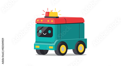 A cute, teal-colored robot service vehicle or delivery truck featuring a friendly smiling face on its windshield and bright red and yellow warning lights.