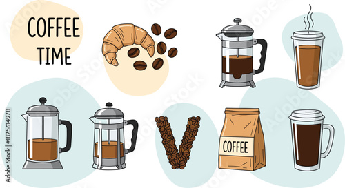 Set of beer bottles and glasses in a simple vector illustration