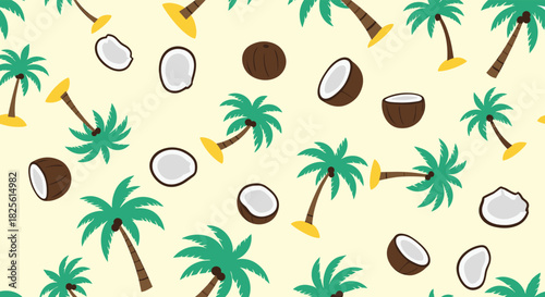 Seamless pattern of cute cartoon palm trees and coconuts on a light yellow background, perfect for tropical designs and summer themes.
