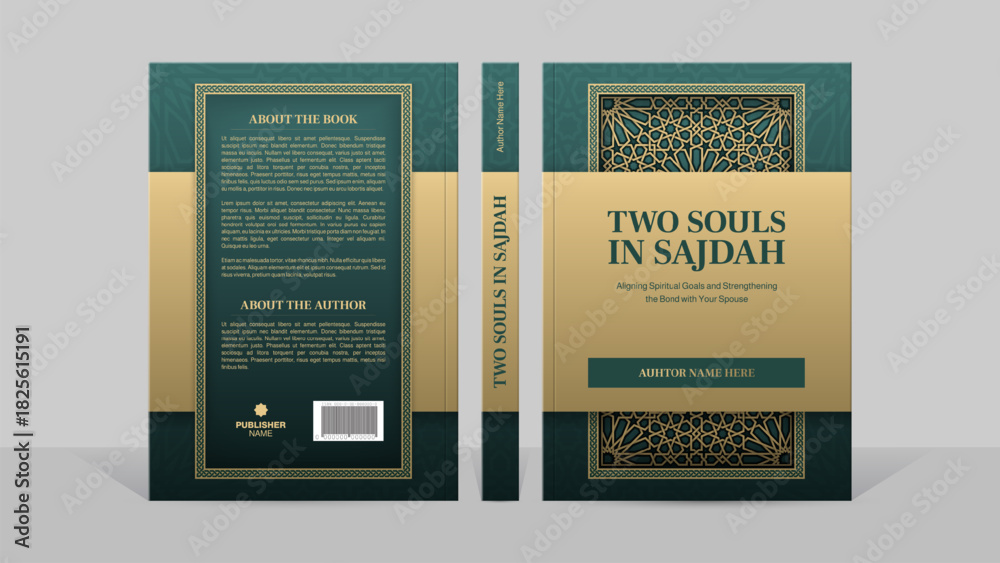 Naklejka premium Luxury Islamic Arabic Book Cover Template with Geometric Mosaic Pattern in Green and Gold