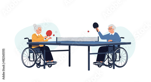 An active senior couple with mobility challenges joyfully engages in a competitive game of table tennis, showcasing inclusivity and healthy aging.