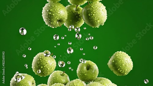 Crisp Green Apples Cascading Through Water A Refreshing and Vibrant Display of Freshness Health and Natural Beauty Perfect for Food Beverage and Wellness Content.