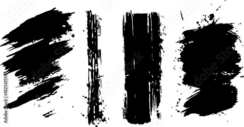 Black paint brush strokes and grunge textures isolated on