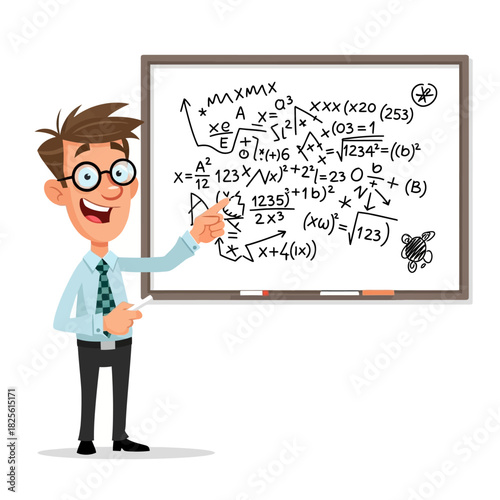 Cartoon male teacher explaining complex math formulas on a whiteboard.