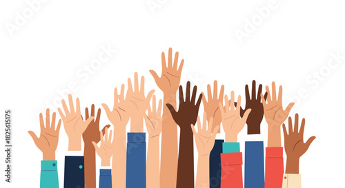 Many hands of various skin tones are raised upwards, symbolizing community, participation, voting, or collective action.
