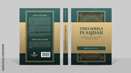 Luxury Islamic Arabic Book Cover Template with Geometric Mosaic Pattern in Green and Gold