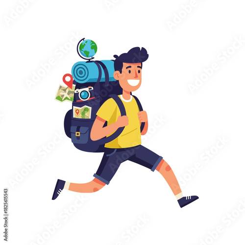 Happy traveler with backpack running towards adventure and exploration of the world.