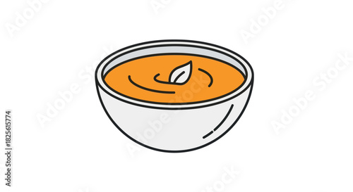 A Simple Bowl of Creamy Orange Soup with a Leaf Garnish.
