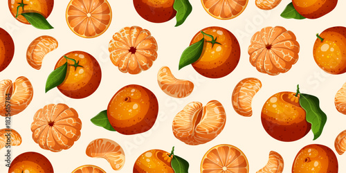Vibrant Vector Seamless Repeating Pattern of Whole, Peeled, Segmented & Cross Section Tangerine (Mandarin) Citrus Fruit, Tiling Background for Fabric, Stationery, and Digital Design