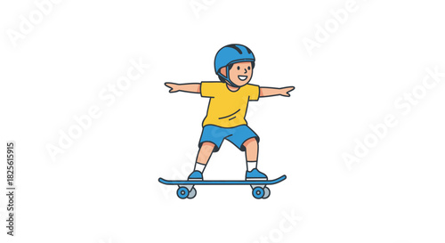Young boy in helmet skateboarding with arms outstretched.