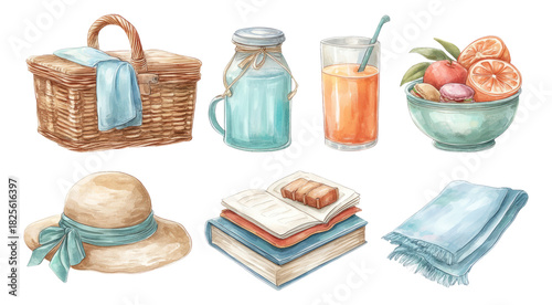 Summer Picnic Elements in Watercolor Style with Fruits, Drinks, and Accessories