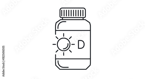 Simple Line Drawing of Vitamin D Supplement Bottle.