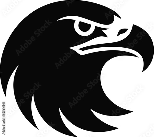 Black silhouette of a predatory bird head on a white background Keywords: bird, silhouette, head
